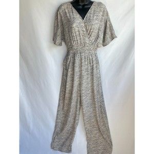 Japna Wide Leg Jumpsuit V Neck Animal Print Sz L Smocked Waist Surplice Boho